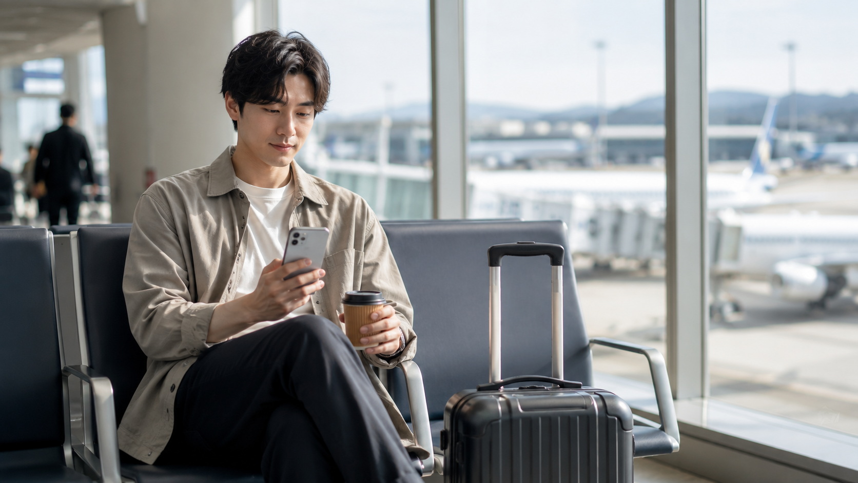 空港でeSIMの設定をスマートフォンで確認する旅行者