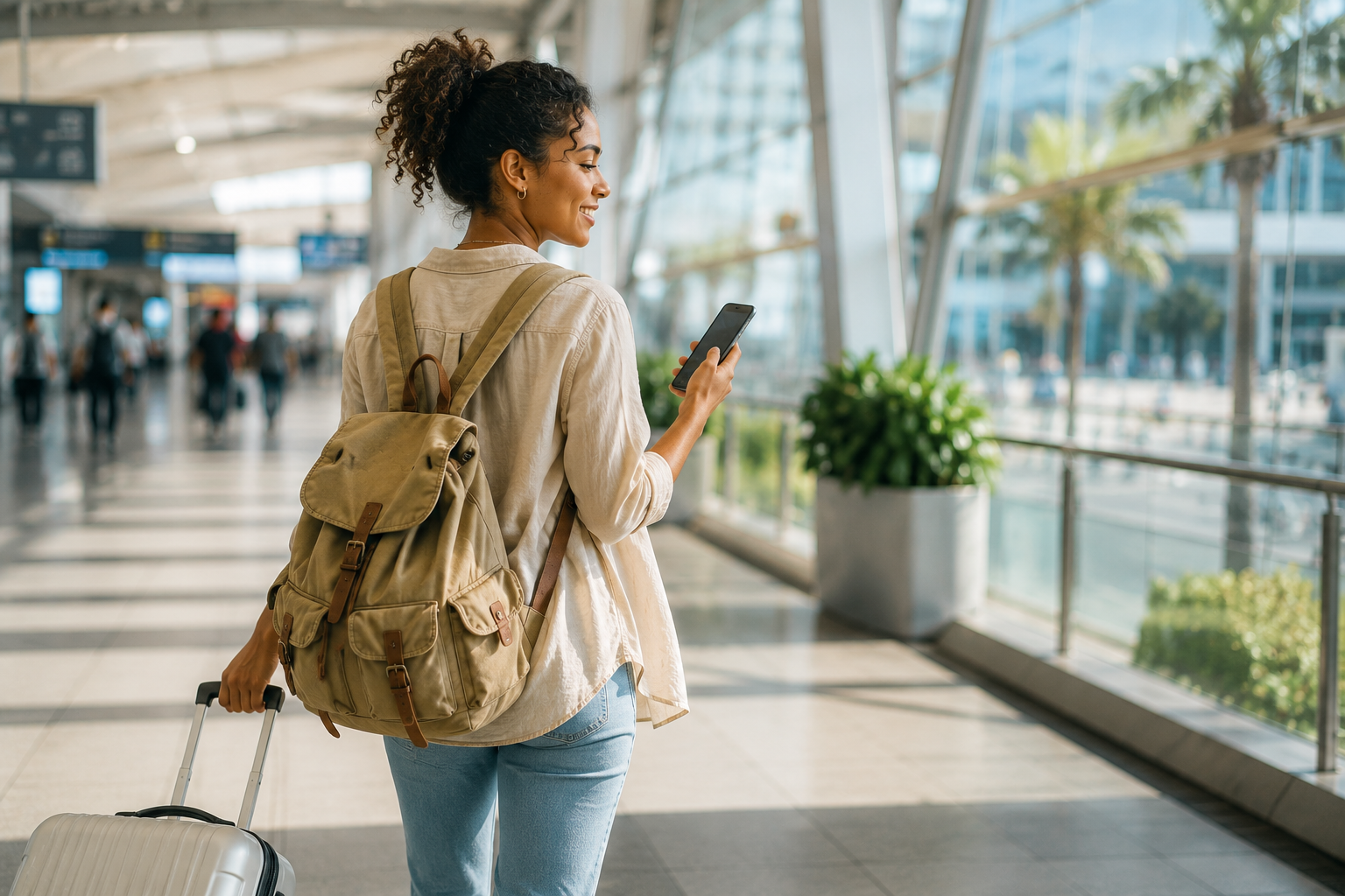 空港でスマートフォンを確認しながら移動する旅行者