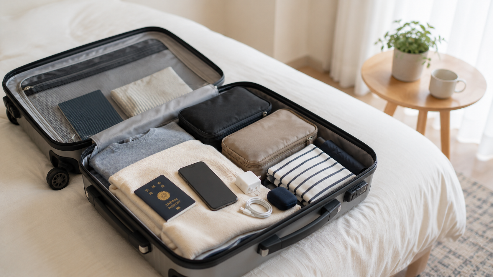海外旅行の荷物をスーツケースにまとめた旅行準備の様子