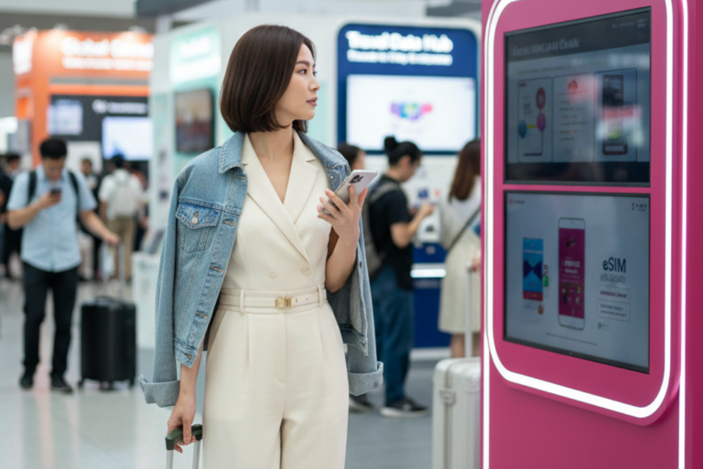 海外旅行でeSIMを利用する旅行者のイメージ