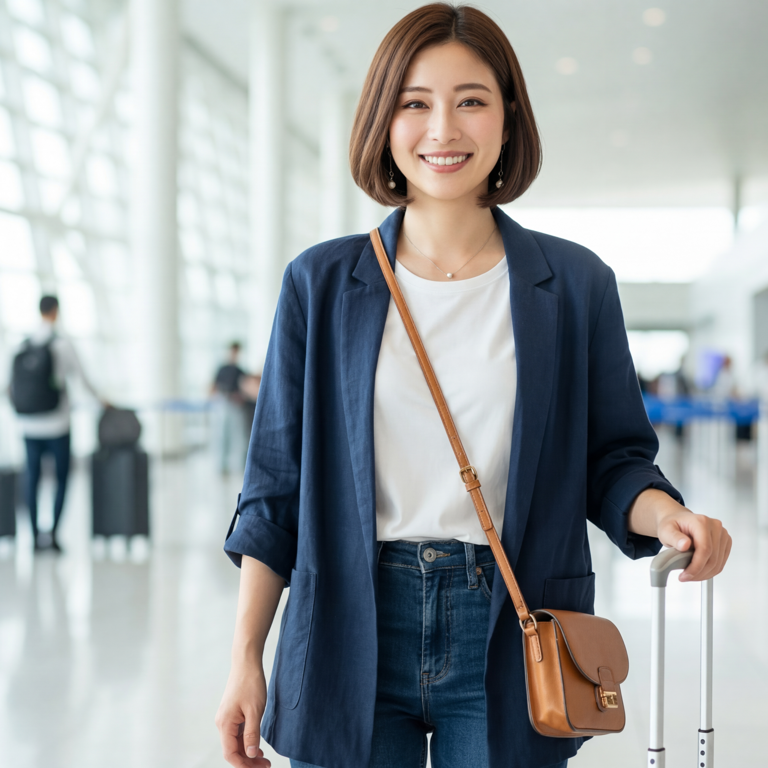 空港を歩く女性旅行者