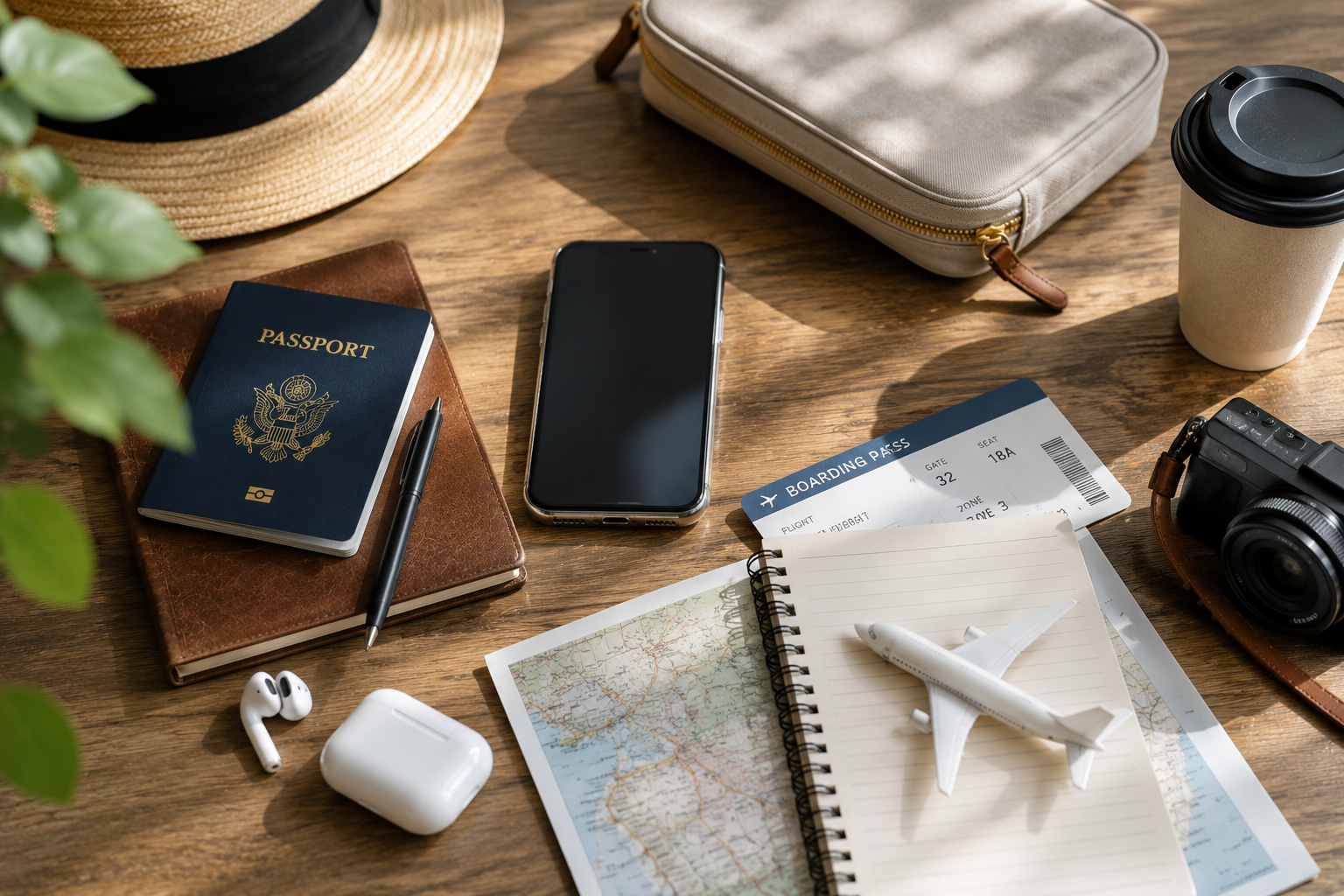海外旅行前にパスポートやスマートフォンなどの持ち物を準備する様子