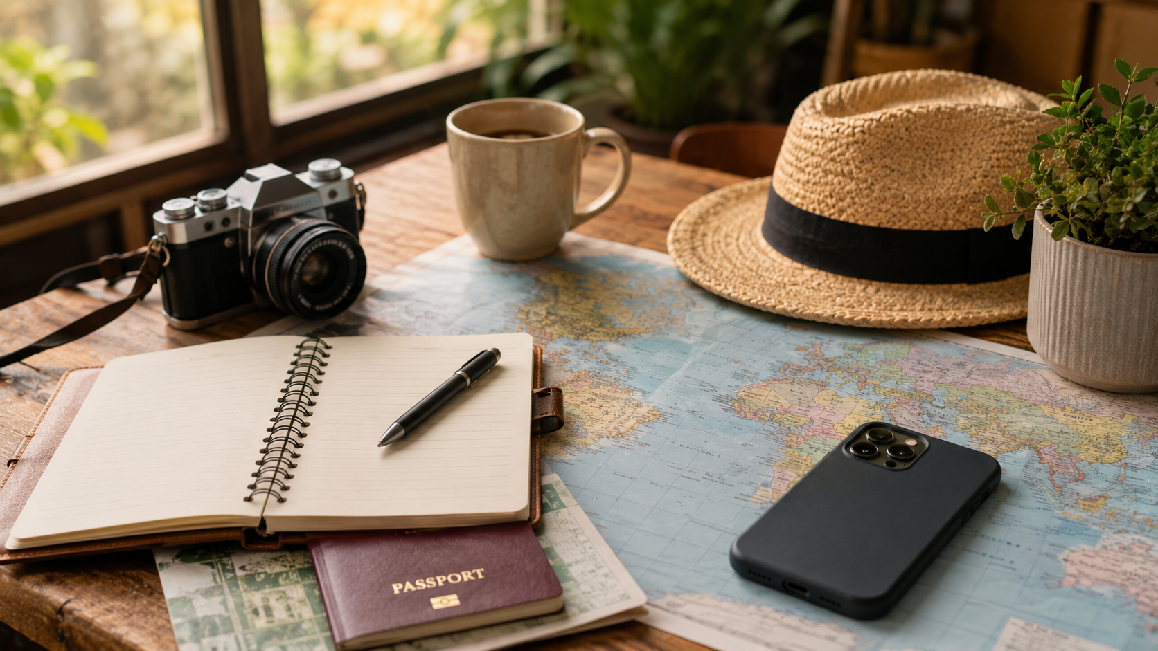 シンガポール旅行前にeSIMを準備するスマートフォンと旅行用品