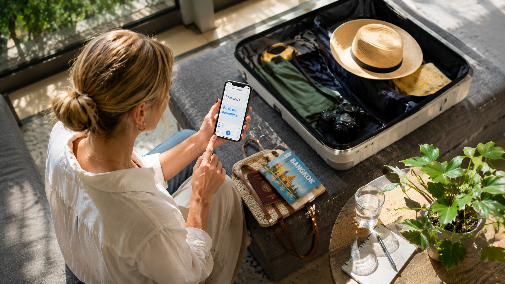 旅行の荷造りをしながらスマートフォンで翻訳アプリを確認する女性