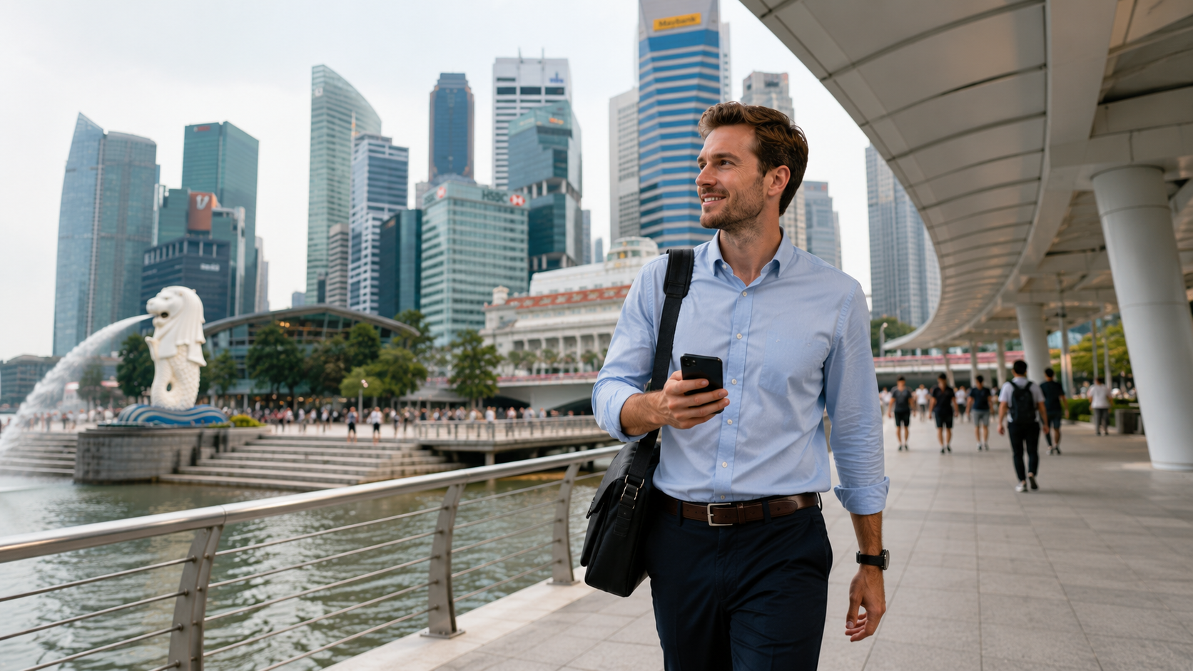 シンガポール旅行でeSIMを利用しスマートフォンで地図を確認する男性