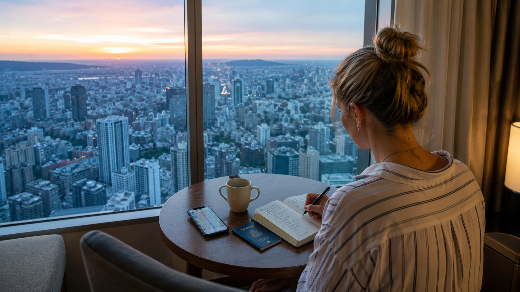 ホテルの部屋から街並みを眺める旅行者