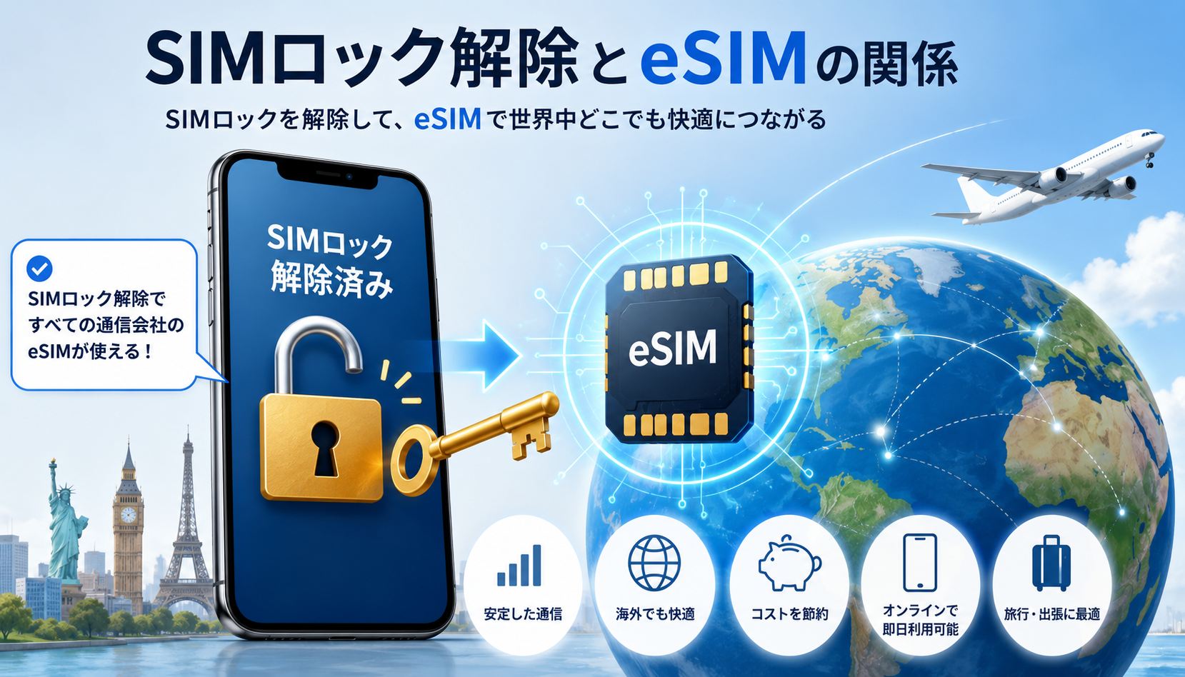 SIMロック解除とeSIMの関係を示すスマートフォンとeSIMのイメージ