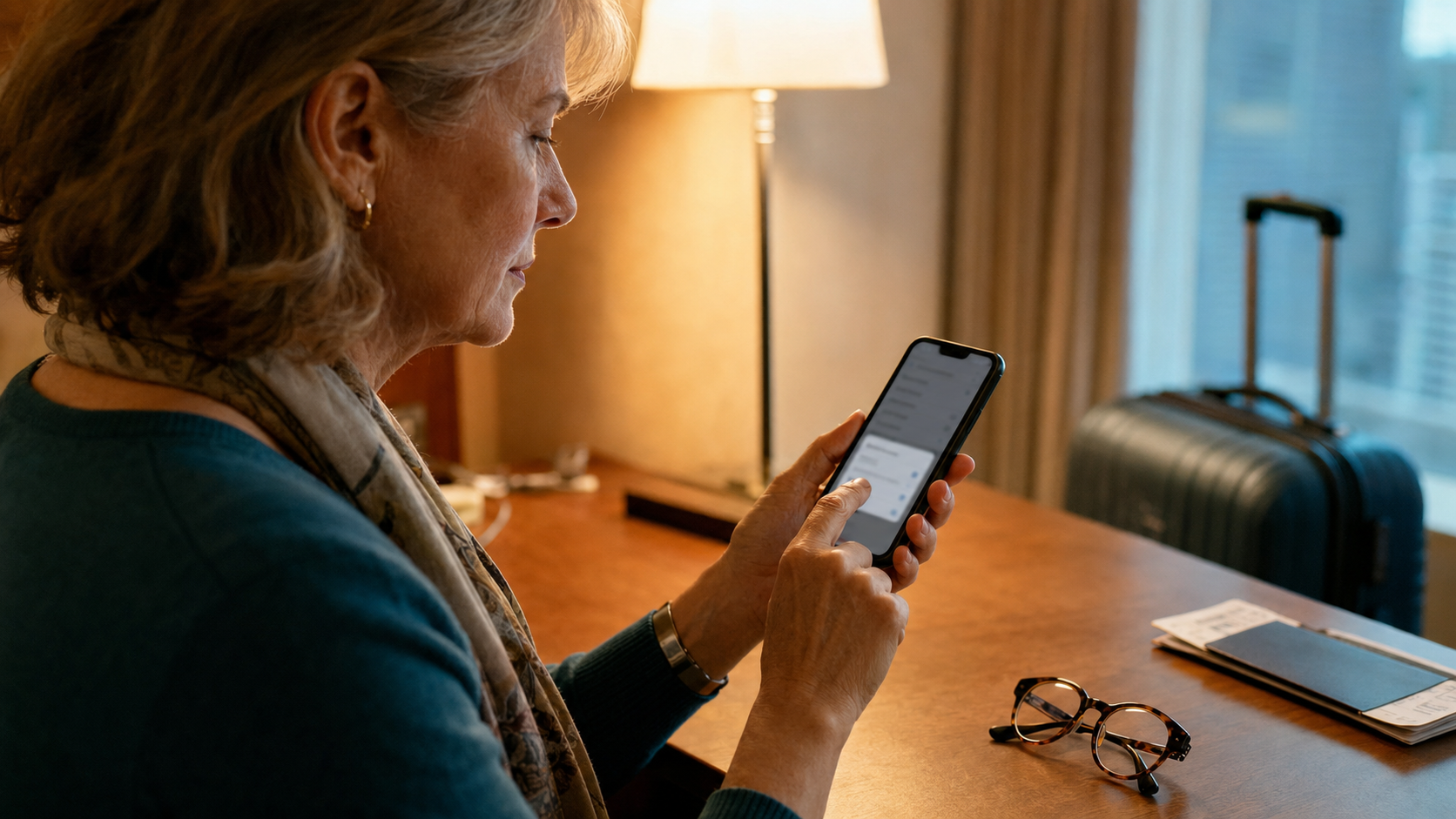 ホテルでeSIMを削除する前にスマートフォンの設定画面を確認する女性