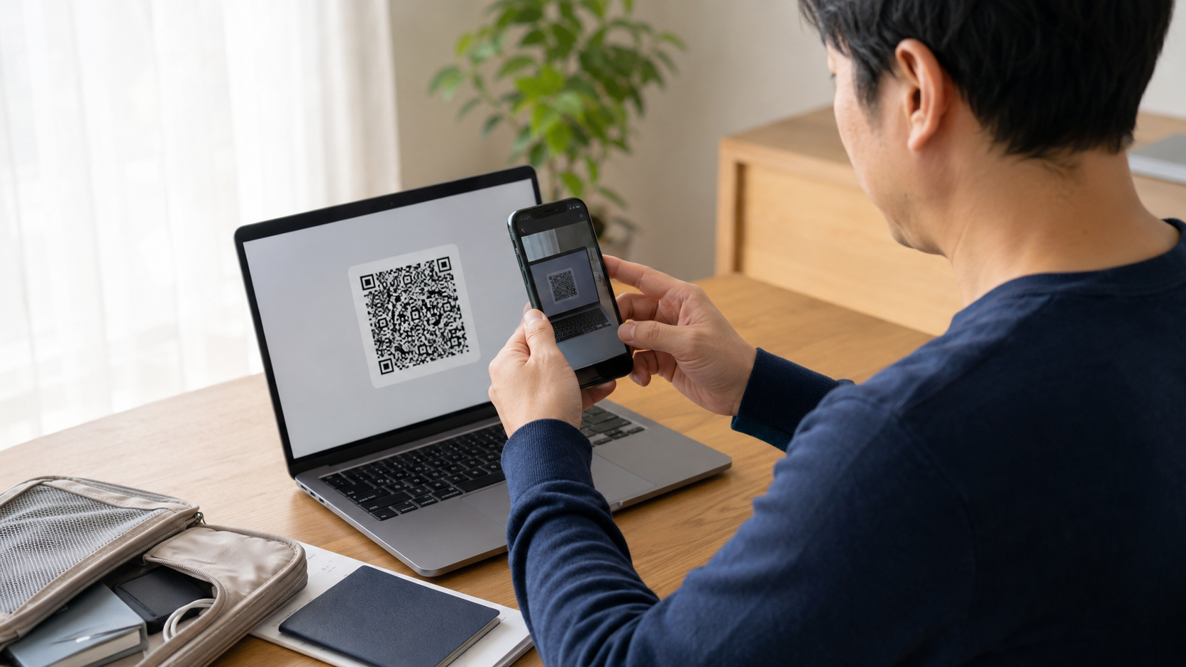 パソコンに表示したeSIMのQRコードをスマートフォンで読み取る様子