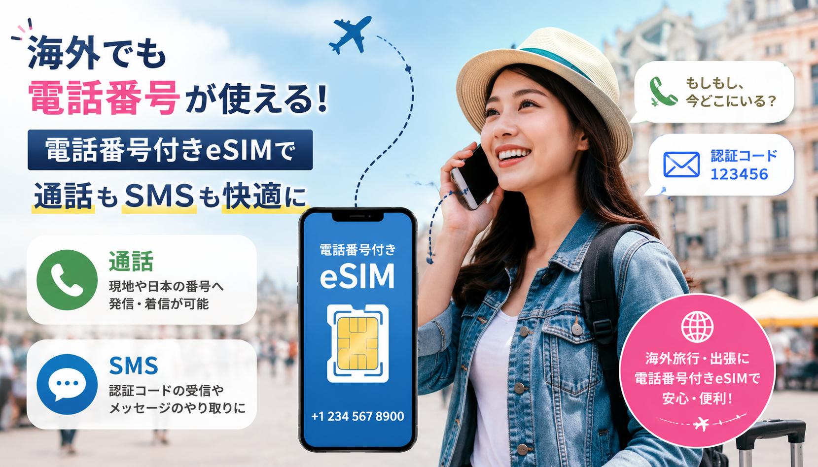 海外旅行で通話やSMSに電話番号付きeSIMを利用するイメージ