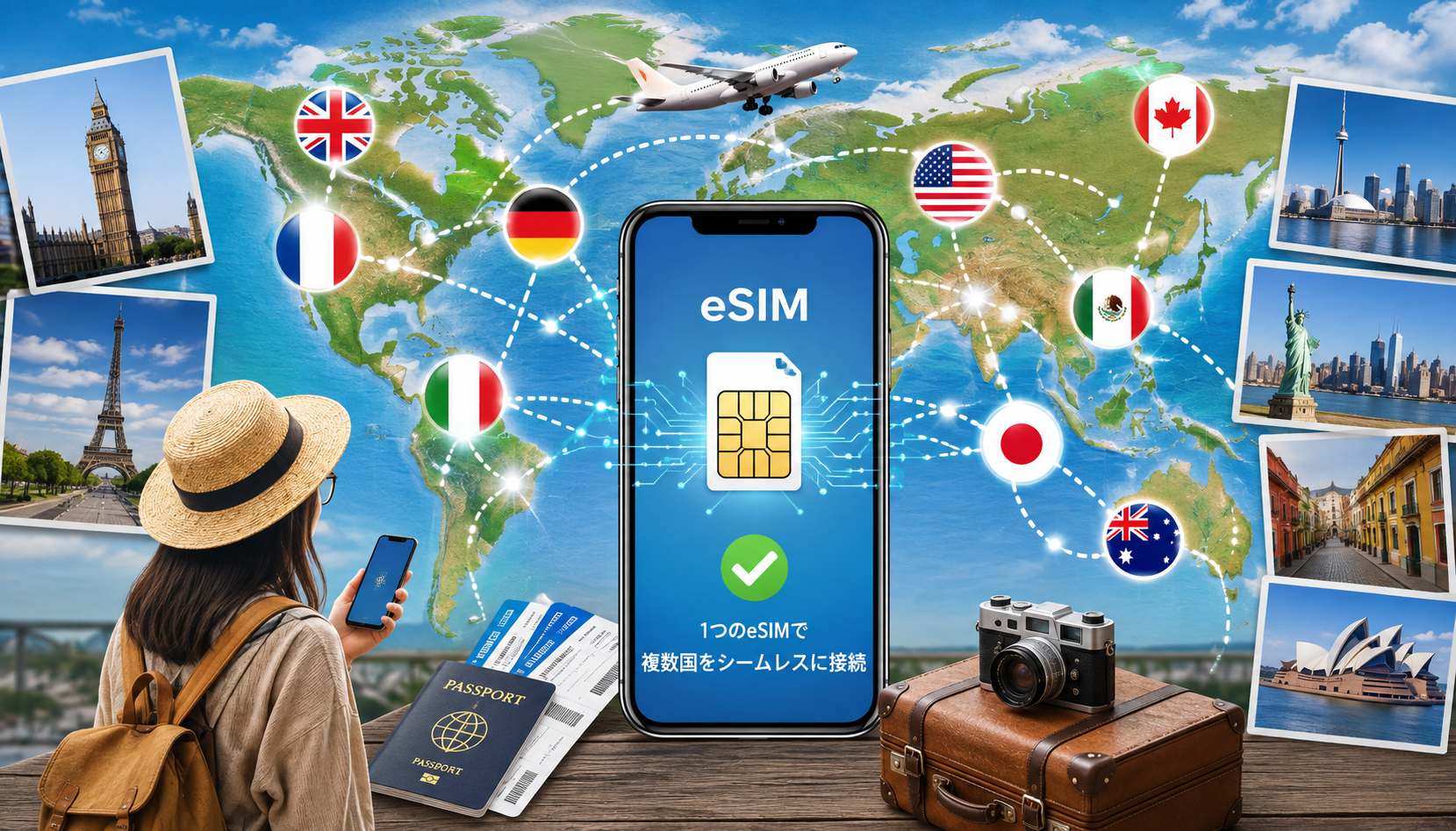 複数国旅行で周遊eSIMを利用するイメージ