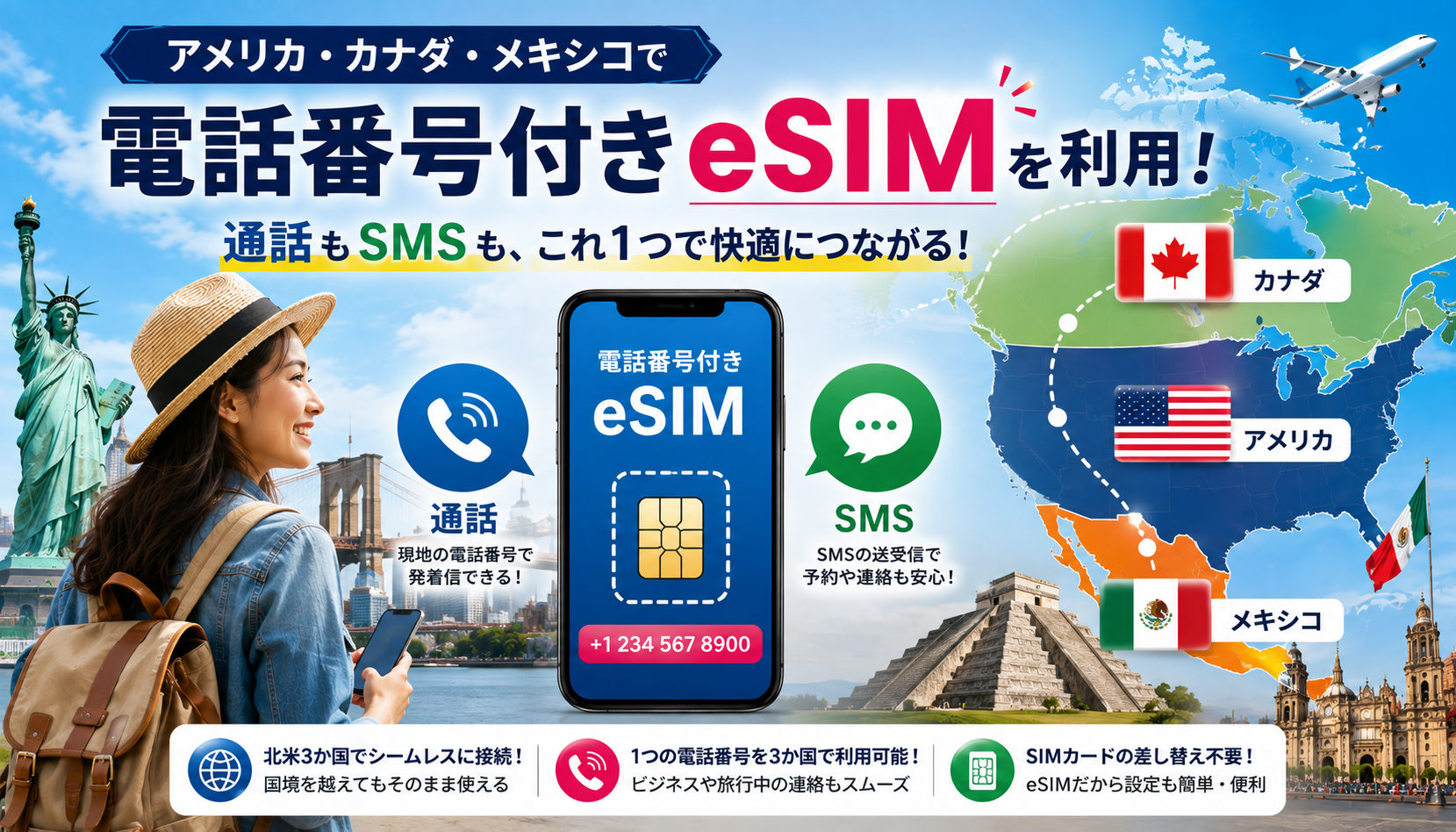 アメリカ・カナダ・メキシコ旅行で電話番号付きeSIMを利用するイメージ
