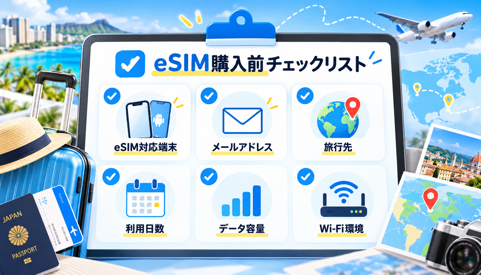 eSIMを購入する前に確認したい端末・メール・旅行日数・データ容量