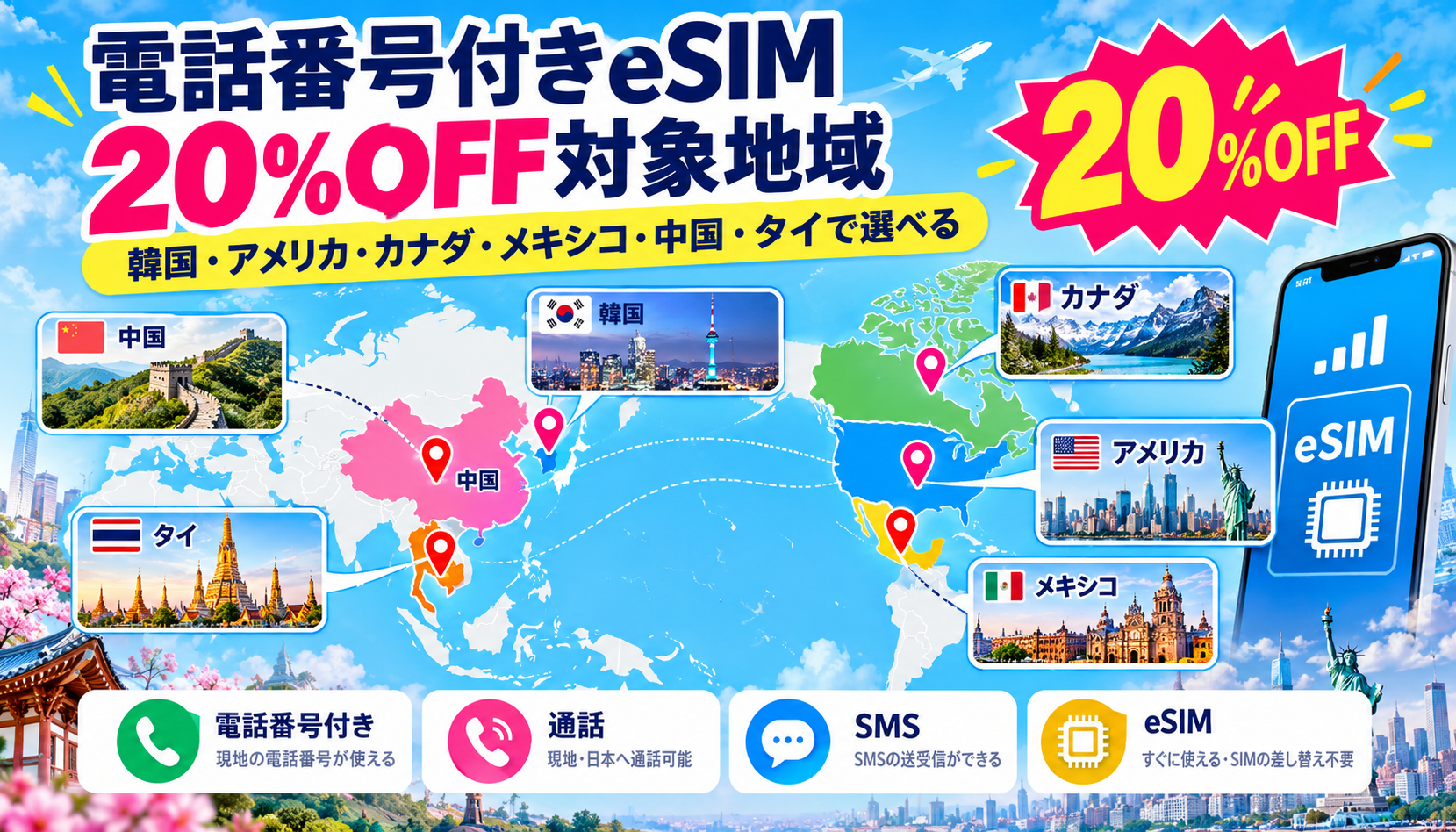 韓国・北米・中国・タイで選べる20%OFF対象の電話番号付きeSIM