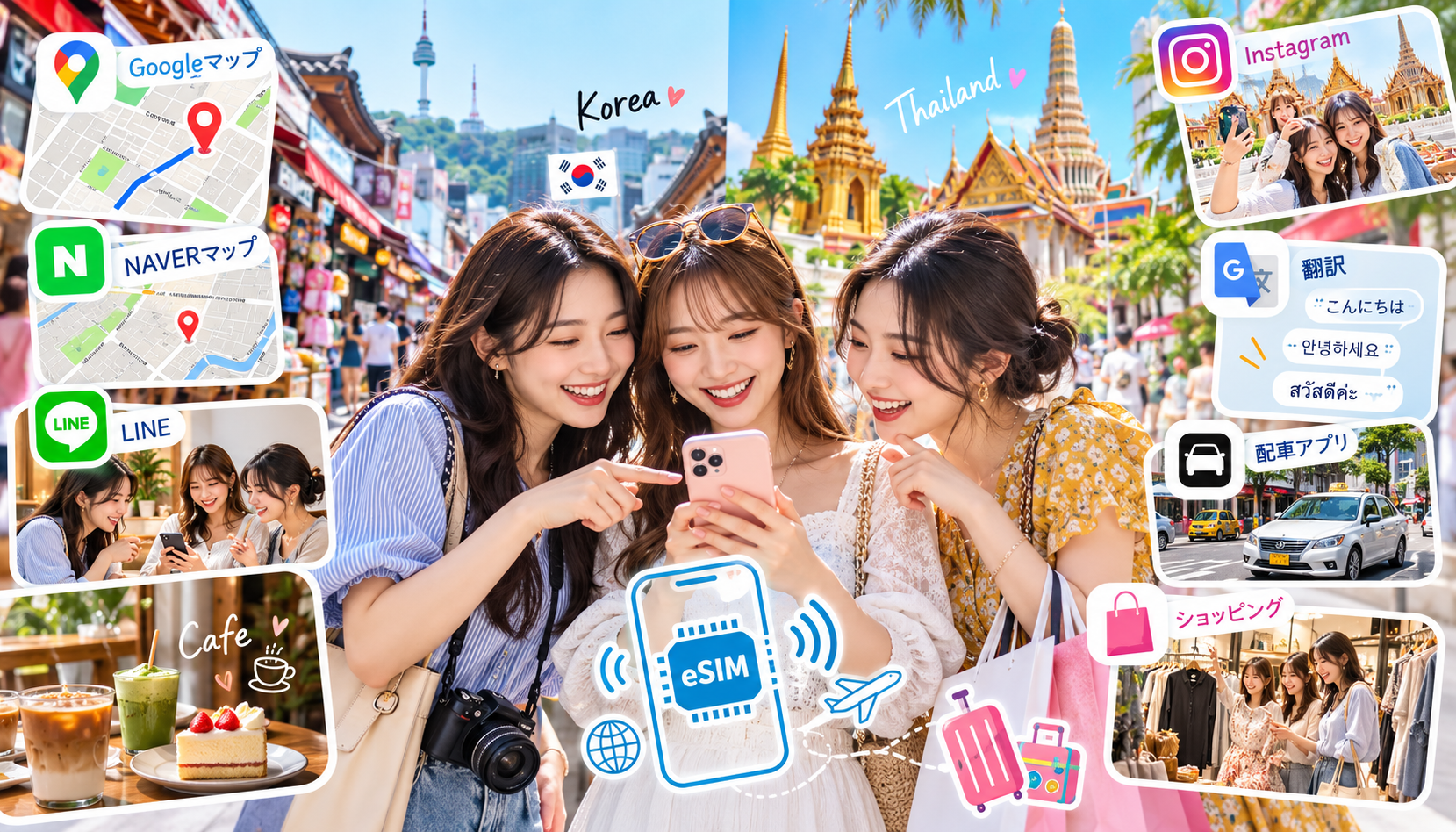 女子旅で地図やSNSや翻訳や配車アプリを利用する場面