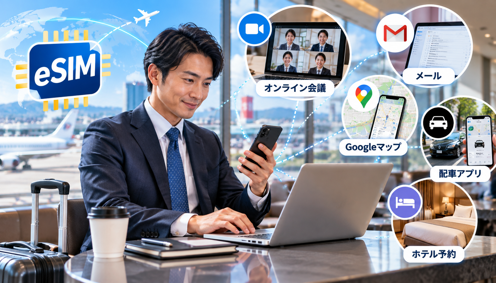 海外出張中にメールや地図やオンライン会議でeSIMを利用する場面