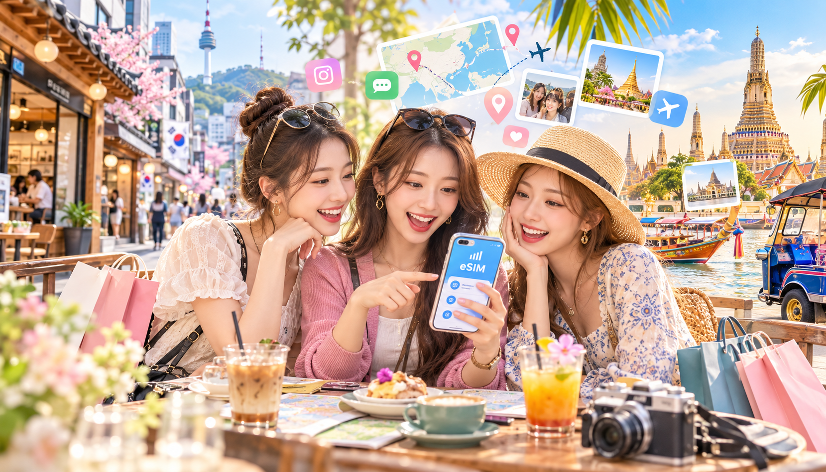 韓国やタイへの女子旅でスマートフォンとeSIMを利用する旅行者
