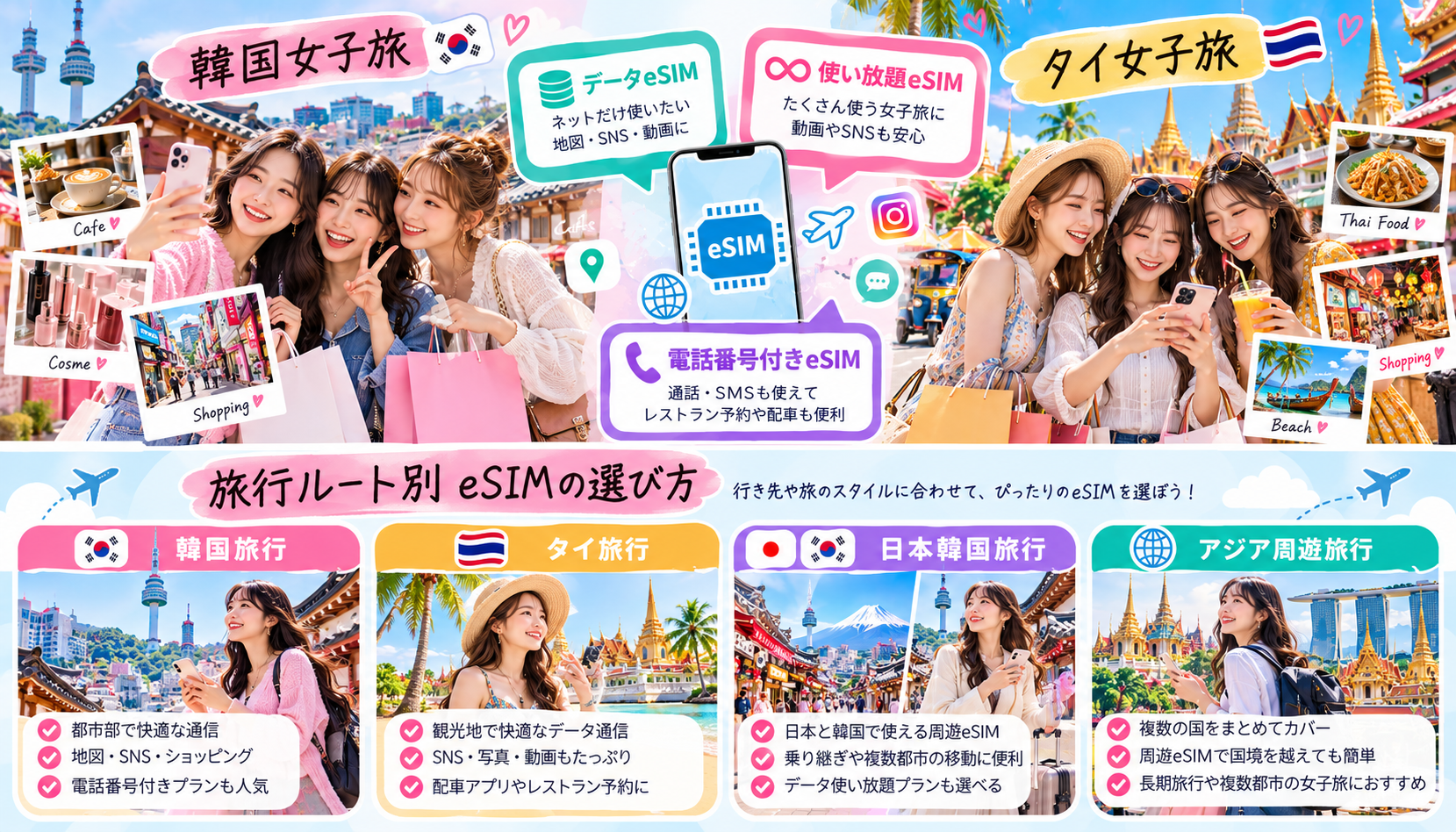 韓国・タイ・日本韓国・アジア周遊の女子旅に合わせたeSIMの選び方